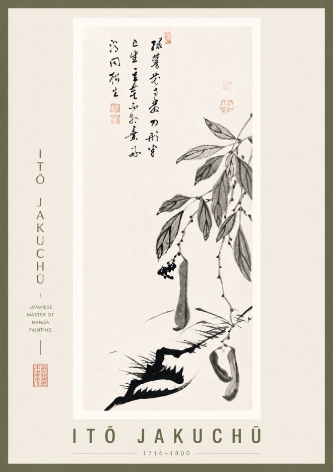 Itō Jakuchū Branch with Pods and Calligraphy No5 - Juliste