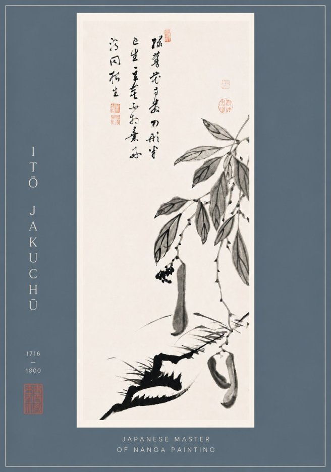Itō Jakuchū Branch with Pods and Calligraphy No6 - Juliste