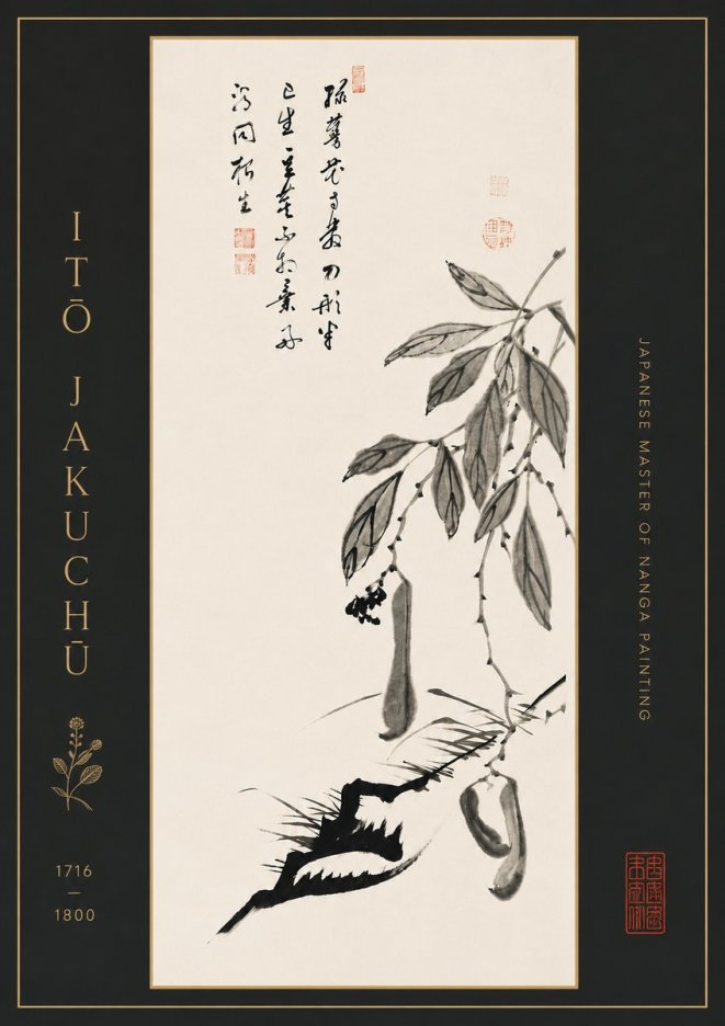 Itō Jakuchū Branch with Pods and Calligraphy No7 - Juliste