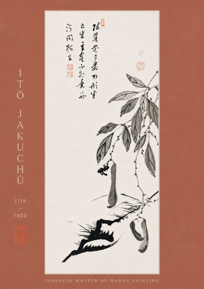 Itō Jakuchū Branch with Pods and Calligraphy No8 - Juliste