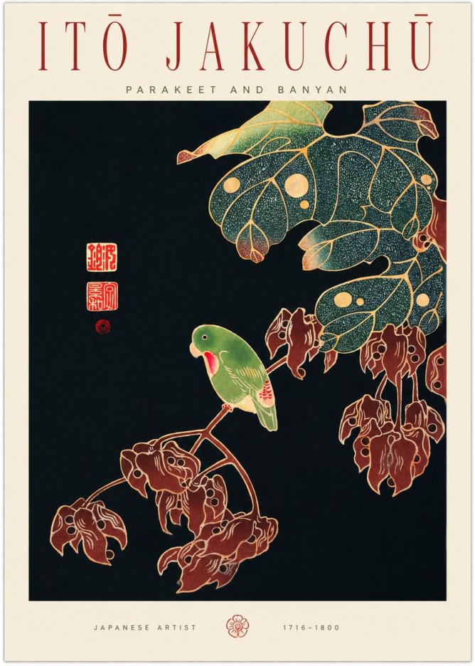 Itō Jakuchū Parakeet and Banyan No1 - Juliste
