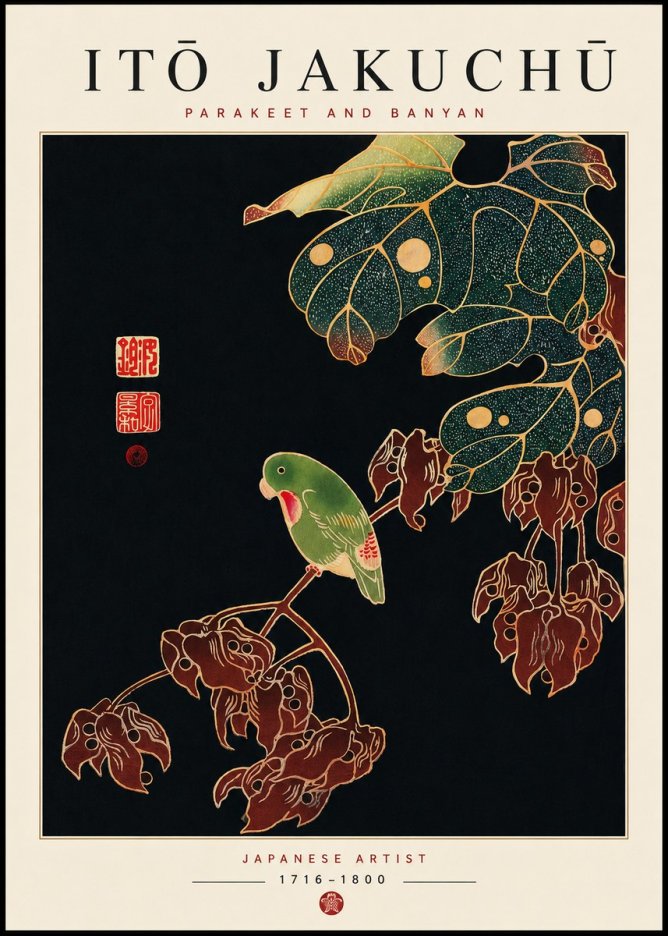 Itō Jakuchū Parakeet and Banyan No3 - Juliste