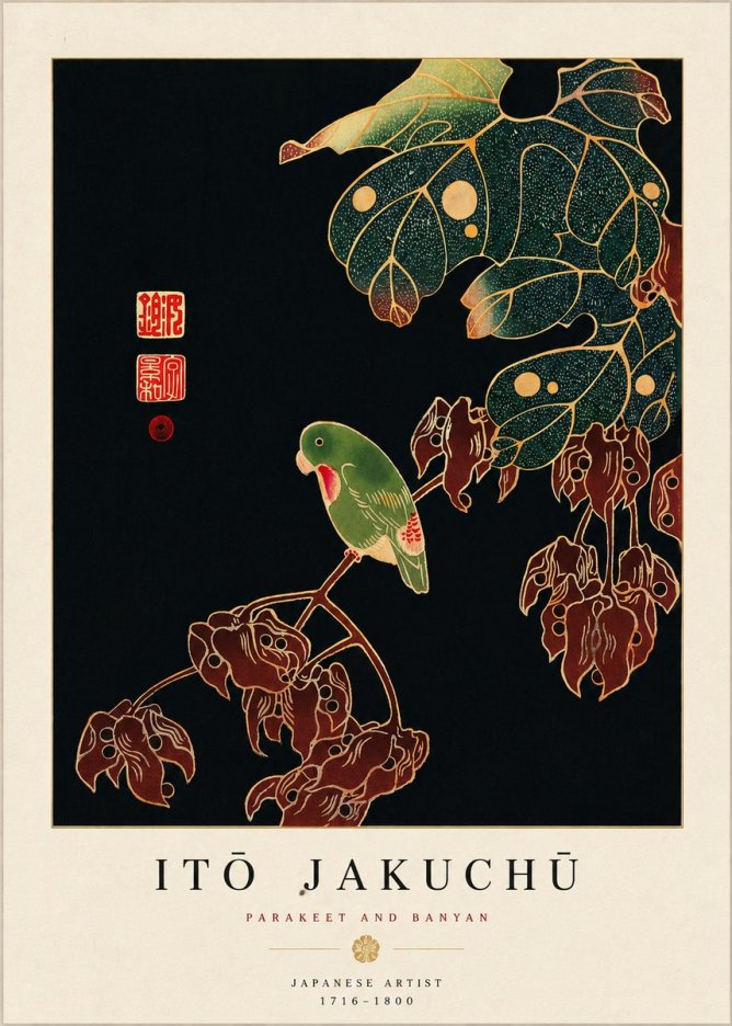 Itō Jakuchū Parakeet and Banyan No5 - Juliste