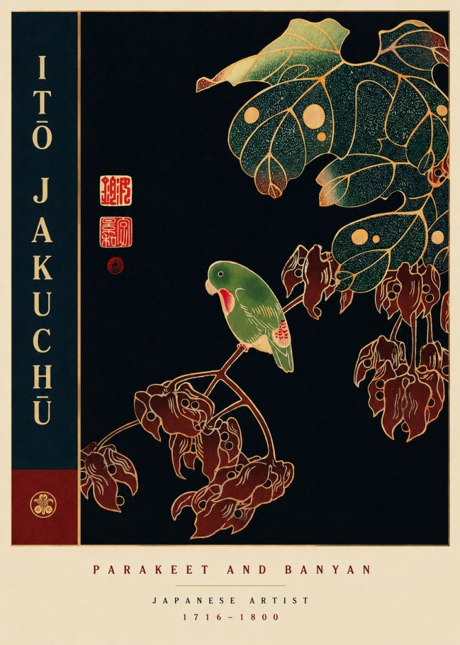 Itō Jakuchū Parakeet and Banyan No6 - Juliste