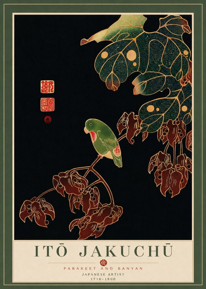Itō Jakuchū Parakeet and Banyan No7 - Juliste