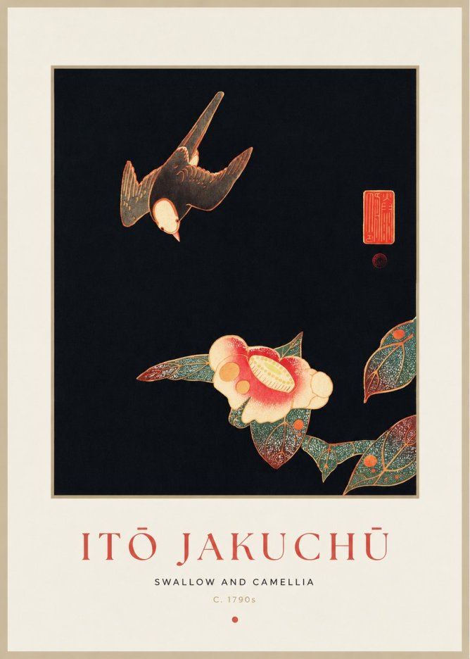 Itō Jakuchū Swallow and Camellia No1 - Juliste