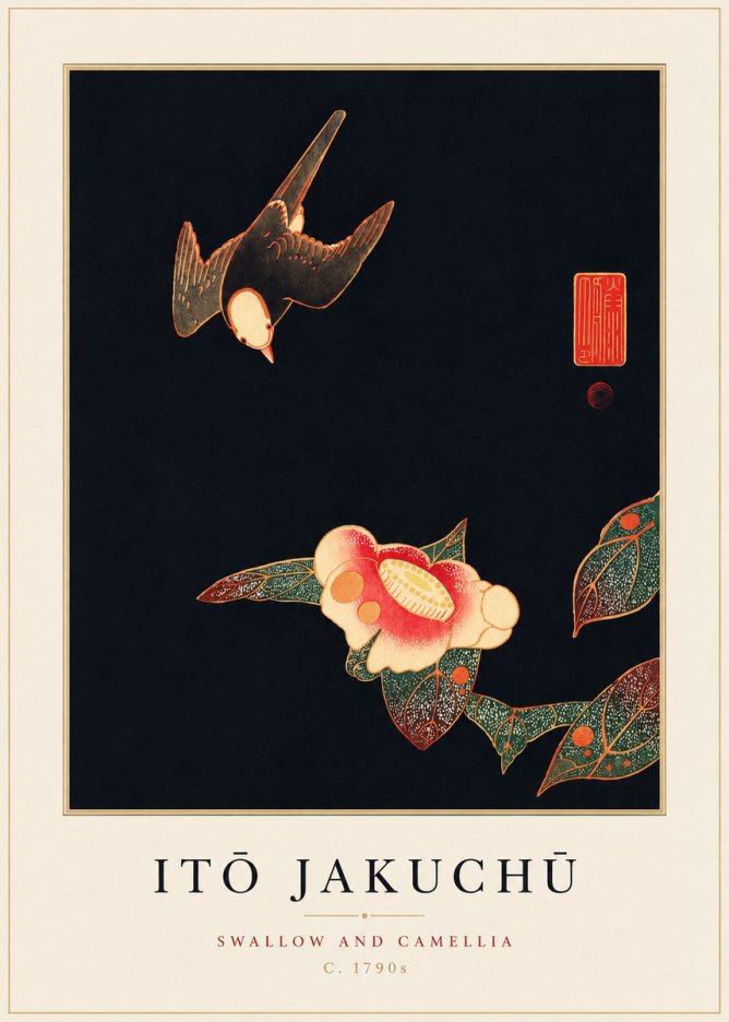 Itō Jakuchū Swallow and Camellia No3 - Juliste