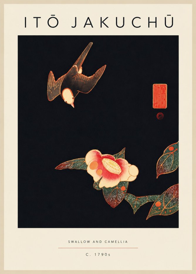 Itō Jakuchū Swallow and Camellia No5 - Juliste