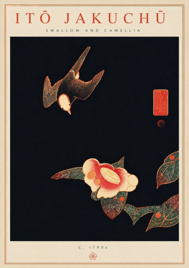 Itō Jakuchū Swallow and Camellia No6 - Juliste