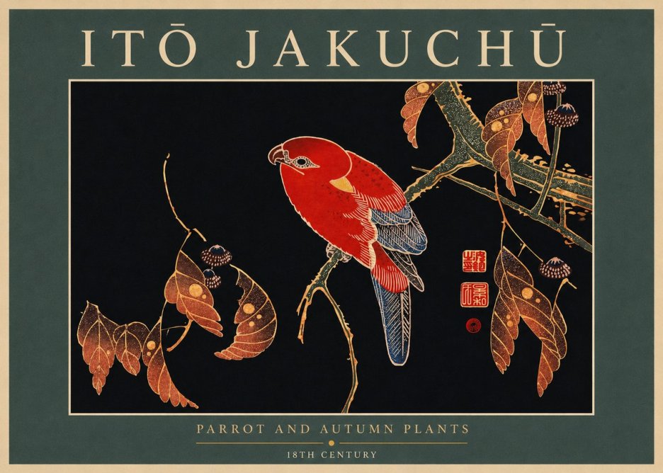 Itō Jakuchū Parrot and Autumn Plants No5 - Juliste