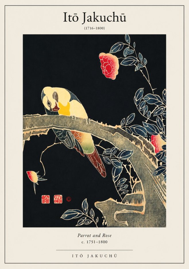 Itō Jakuchū Parrot and Rose No1 - Juliste