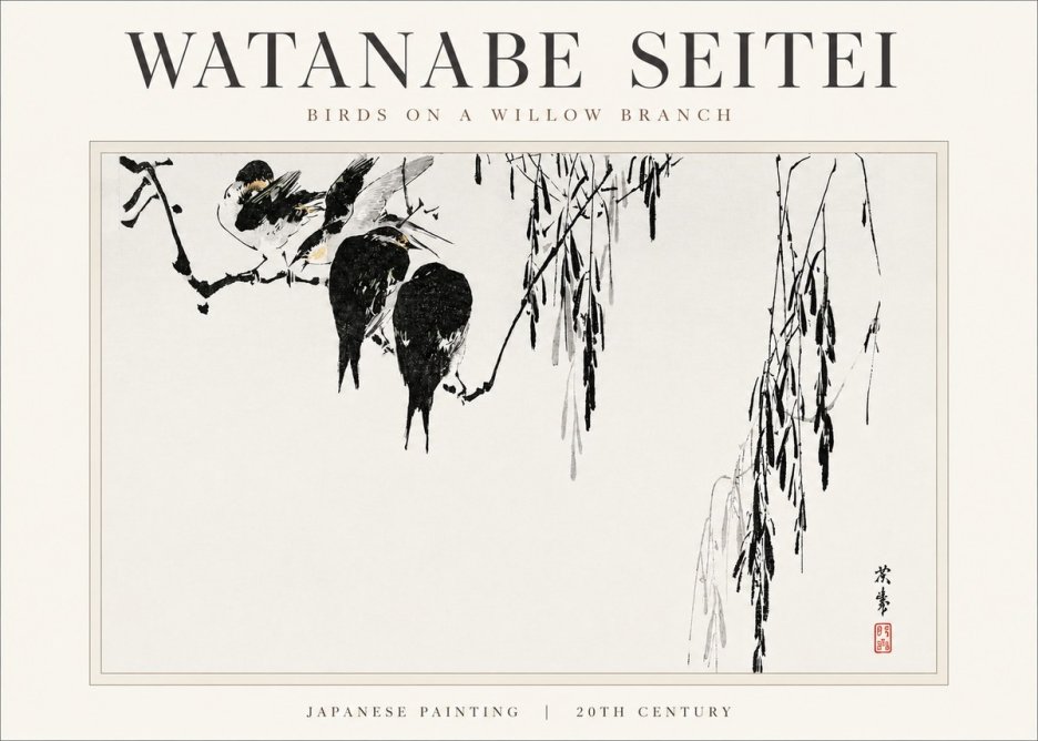 Watanabe Seitei Birds on a Willow Branch No3 - Juliste