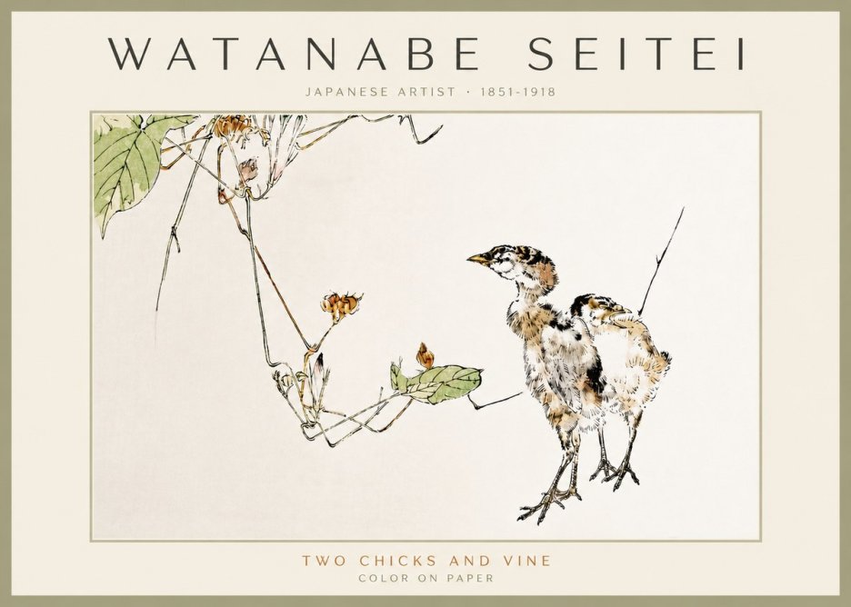 Watanabe Seitei Two Chicks and Vine No3 - Juliste