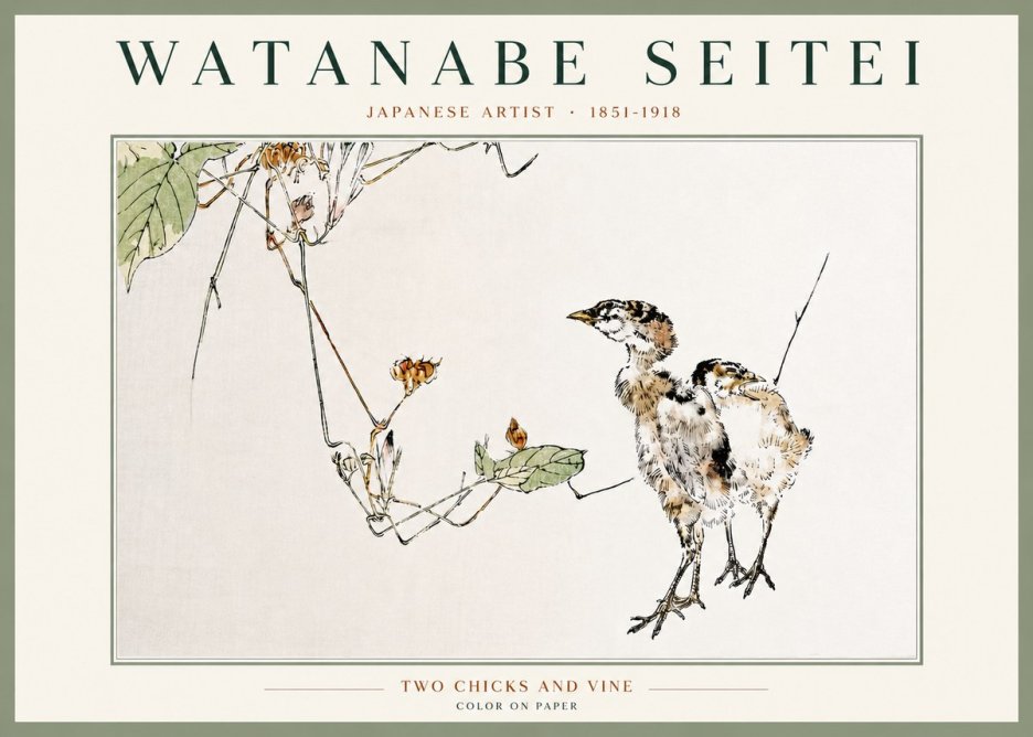 Watanabe Seitei Two Chicks and Vine No4 - Juliste