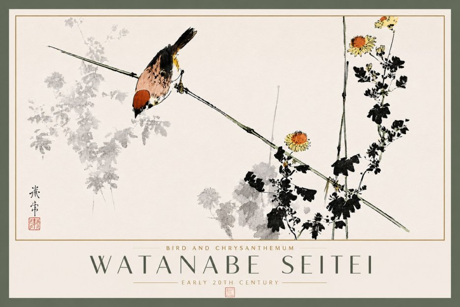 Watanabe Seitei Bird and Chrysanthemum No5 - Juliste