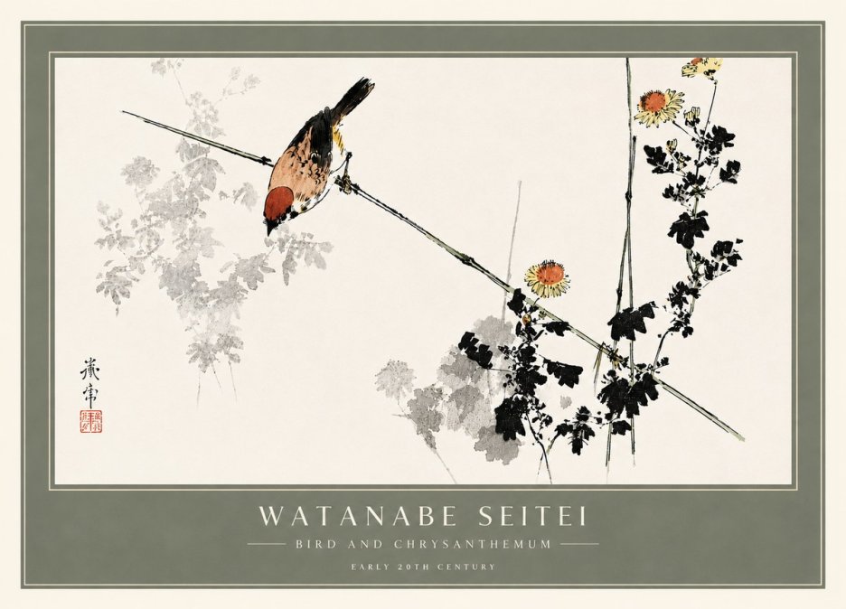 Watanabe Seitei Bird and Chrysanthemum No6 - Juliste