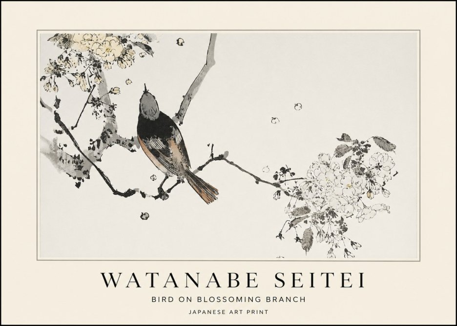Watanabe Seitei Bird on Blossoming Branch No1 - Juliste