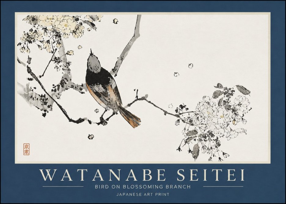 Watanabe Seitei Bird on Blossoming Branch No3 - Juliste