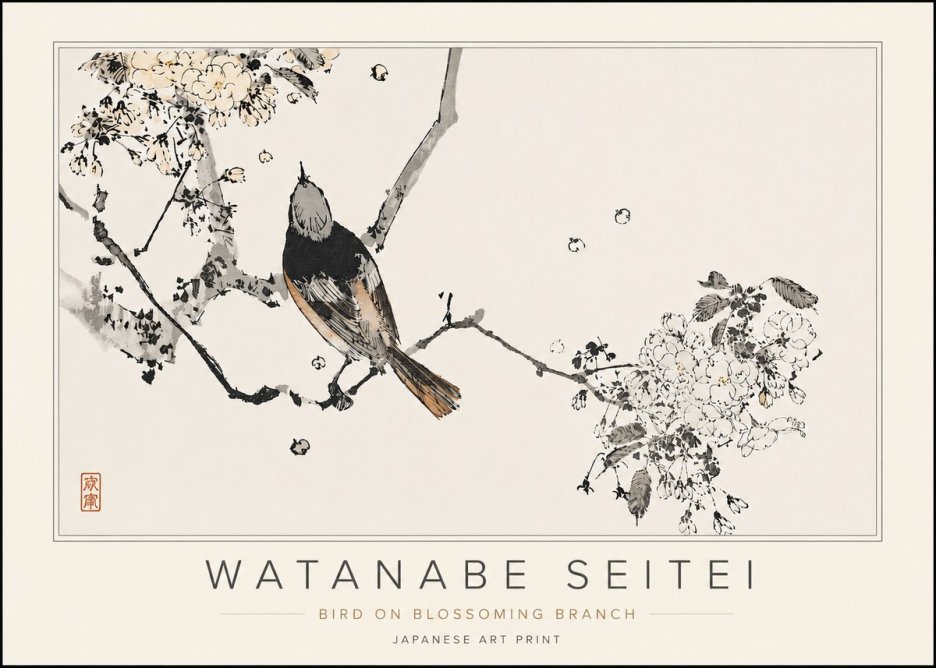 Watanabe Seitei Bird on Blossoming Branch No5 - Juliste