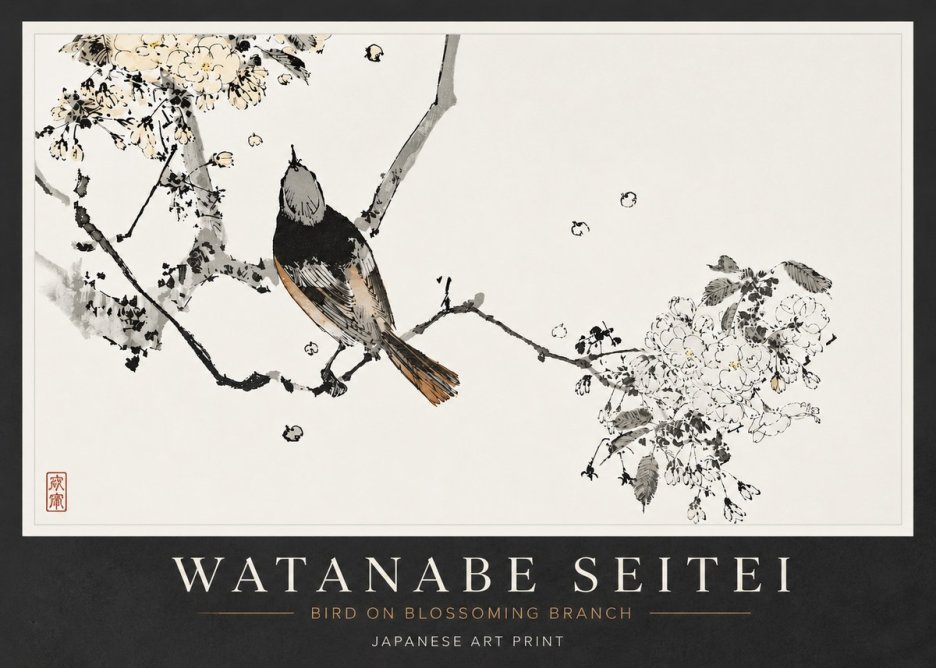 Watanabe Seitei Bird on Blossoming Branch No6 - Juliste