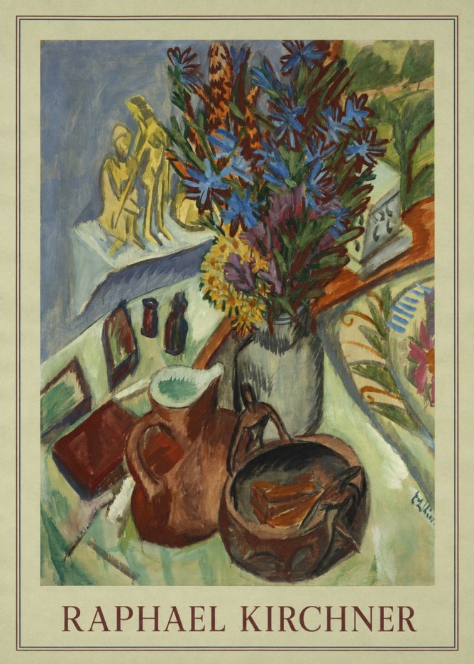 Raphael Kirchner Still Life with Blue Flowers and Figurines No3 - Juliste