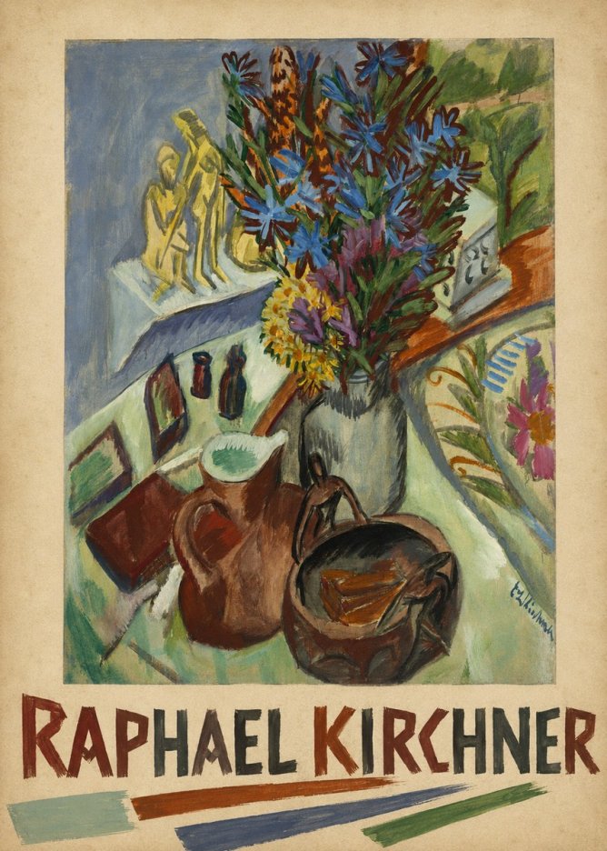 Raphael Kirchner Still Life with Blue Flowers and Figurines No6 - Juliste