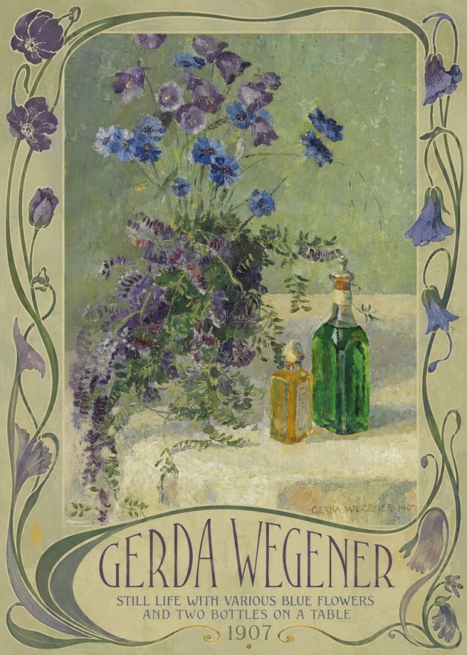 Gerda Wegener Still Life with Various Blue Flowers and Two Bottles on a Table No2 - Juliste
