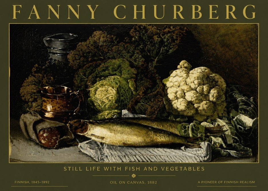 Fanny Churberg Still Life with Fish and Vegetables No4 - Juliste