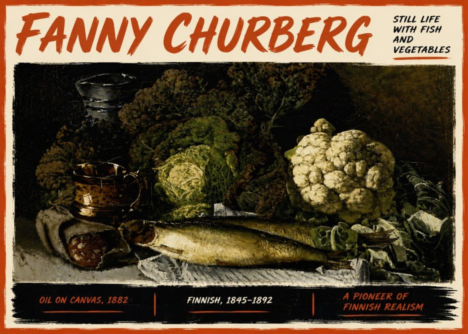 Fanny Churberg Still Life with Fish and Vegetables No6 - Juliste