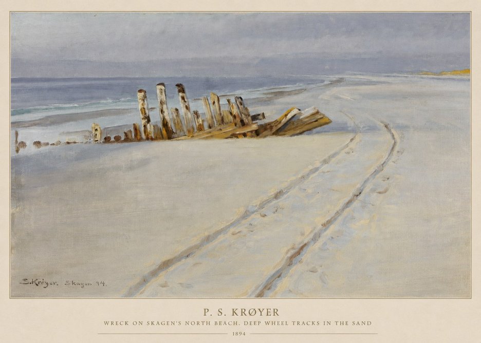P.S. Krøyer Wreck on Skagen's North Beach. Deep Wheel Tracks in the Sand No5 - Juliste