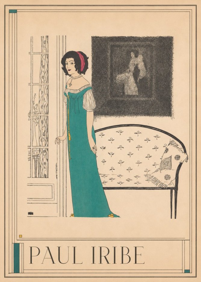 Paul Iribe Woman in Teal Gown No1 - Juliste