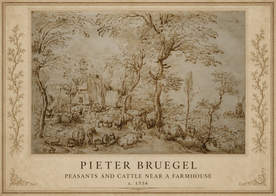 Pieter Bruegel Peasants and Cattle Near a Farmhouse No1 - Juliste