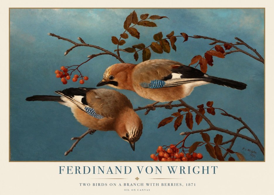 Ferdinand von Wright Two Birds on a Branch with Berries, 1871 No1 - Juliste