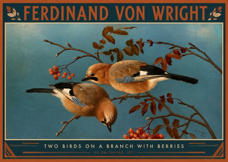 Ferdinand von Wright Two Birds on a Branch with Berries, 1871 No2 - Juliste