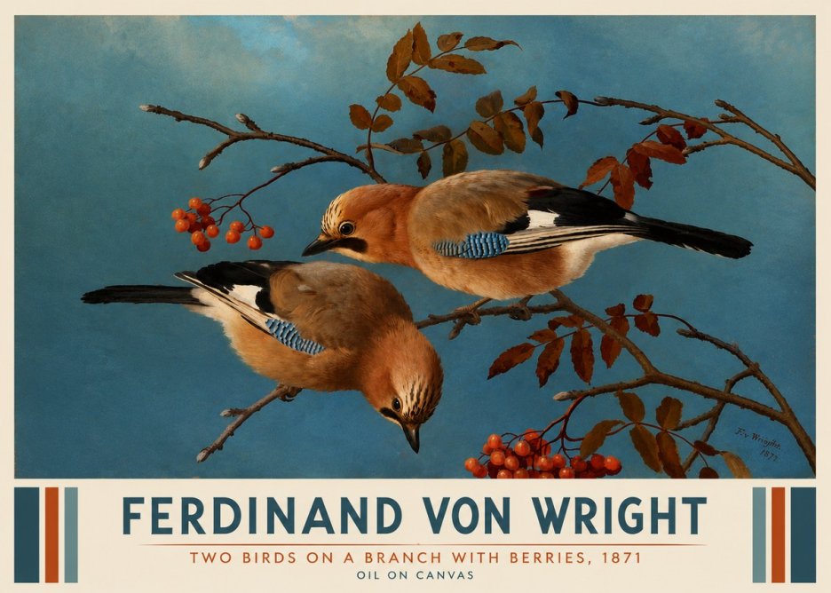 Ferdinand von Wright Two Birds on a Branch with Berries, 1871 No3 - Juliste