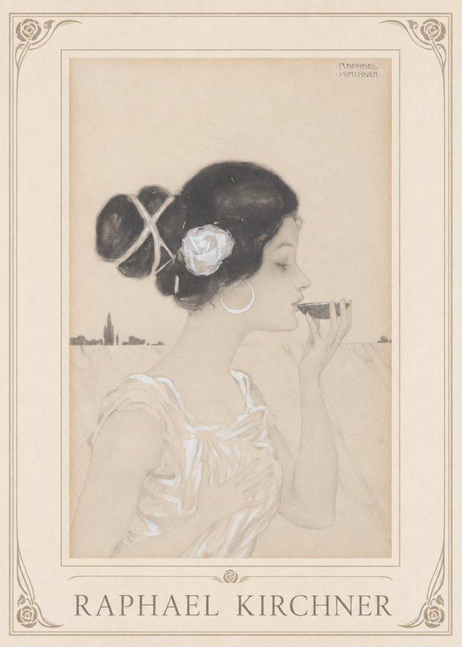 Raphael Kirchner Elegant Lady with Rose and Cup No1 - Juliste