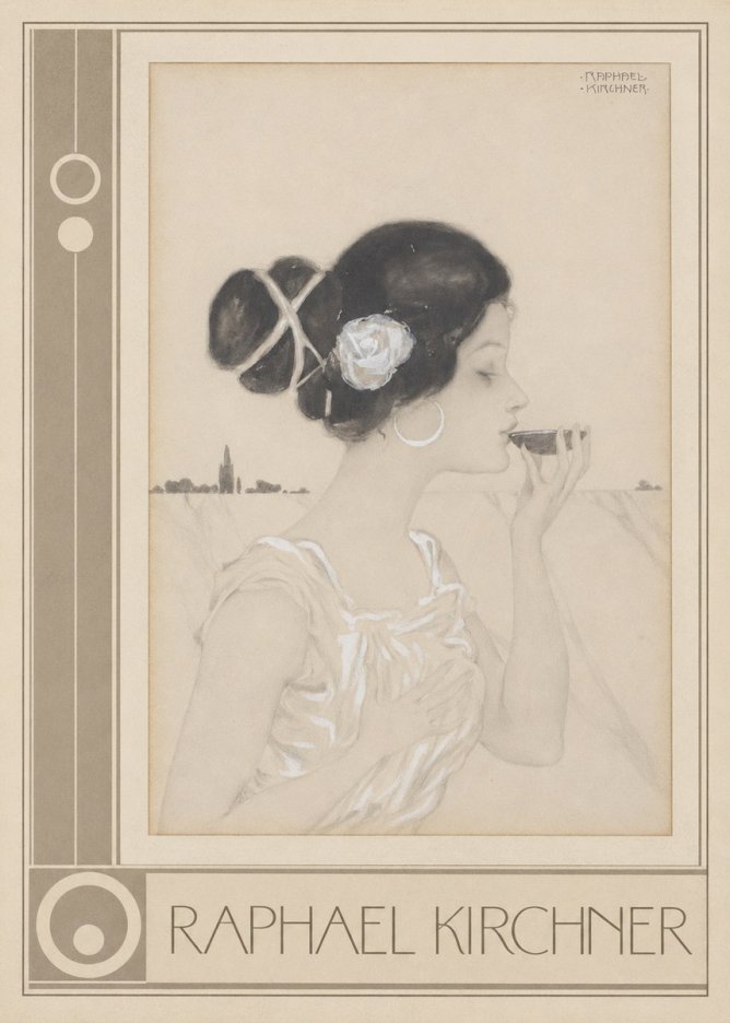 Raphael Kirchner Elegant Lady with Rose and Cup No3 - Juliste