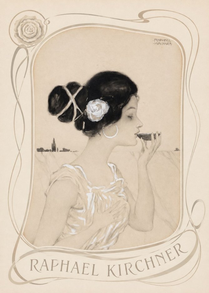 Raphael Kirchner Elegant Lady with Rose and Cup No4 - Juliste