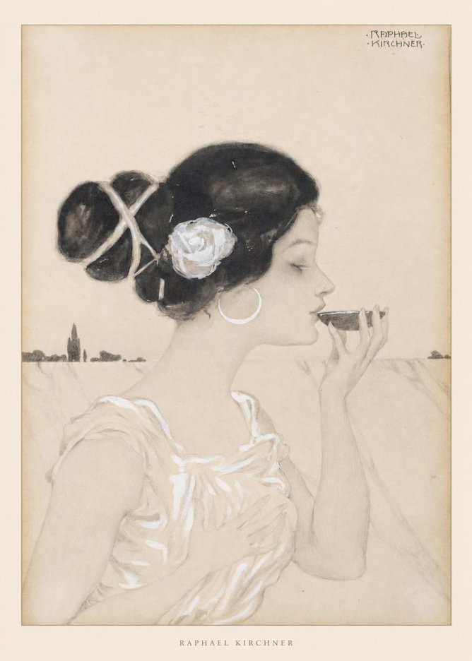 Raphael Kirchner Elegant Lady with Rose and Cup No6 - Juliste