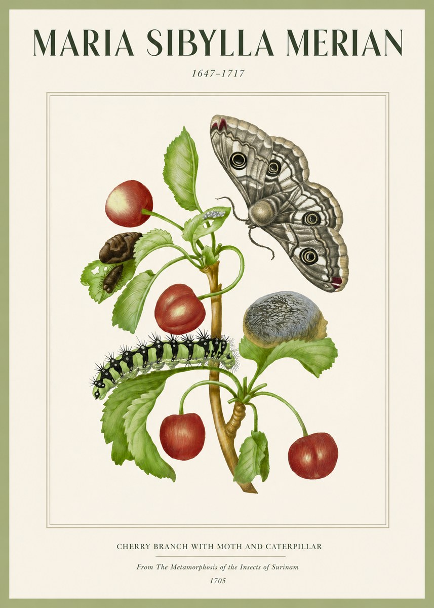 Maria Sibylla Merian Cherry Branch with Moth and Caterpillar No2 - Juliste