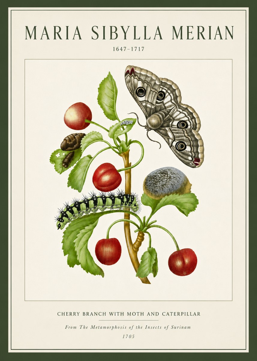 Maria Sibylla Merian Cherry Branch with Moth and Caterpillar No5 - Juliste