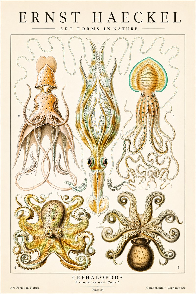 Ernst Haeckel Cephalopods Octopuses and Squid No1 - Juliste
