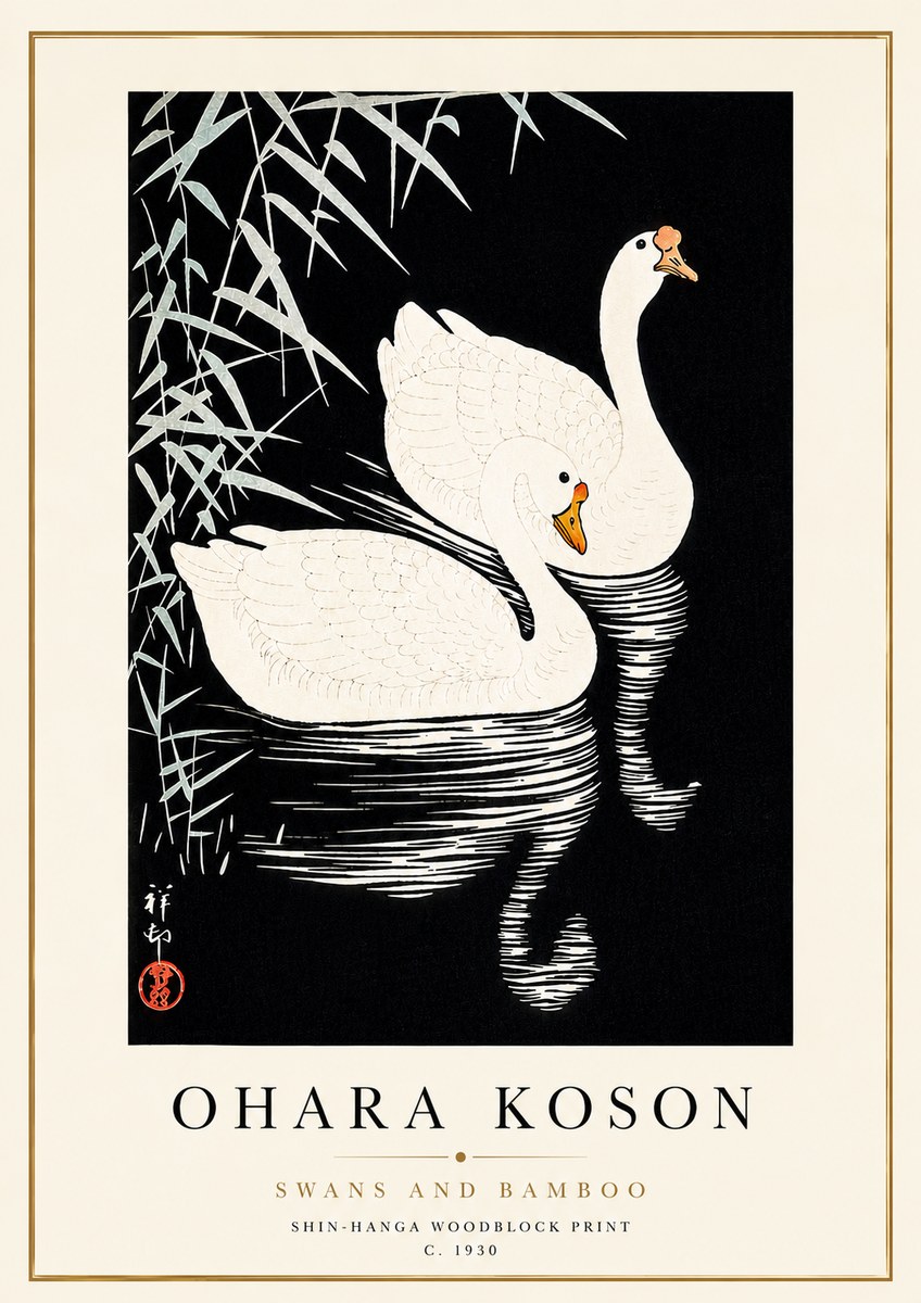 Ohara Koson Swans and Bamboo No5 - Juliste