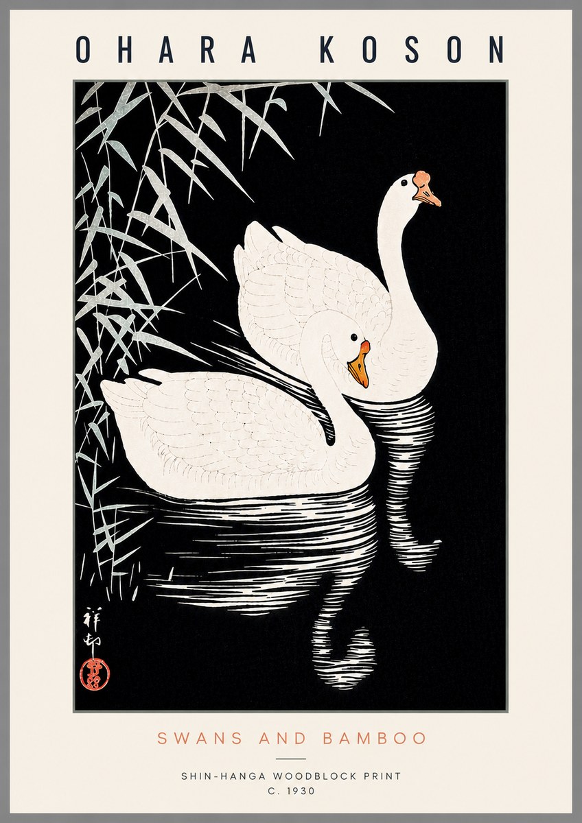 Ohara Koson Swans and Bamboo No6 - Juliste