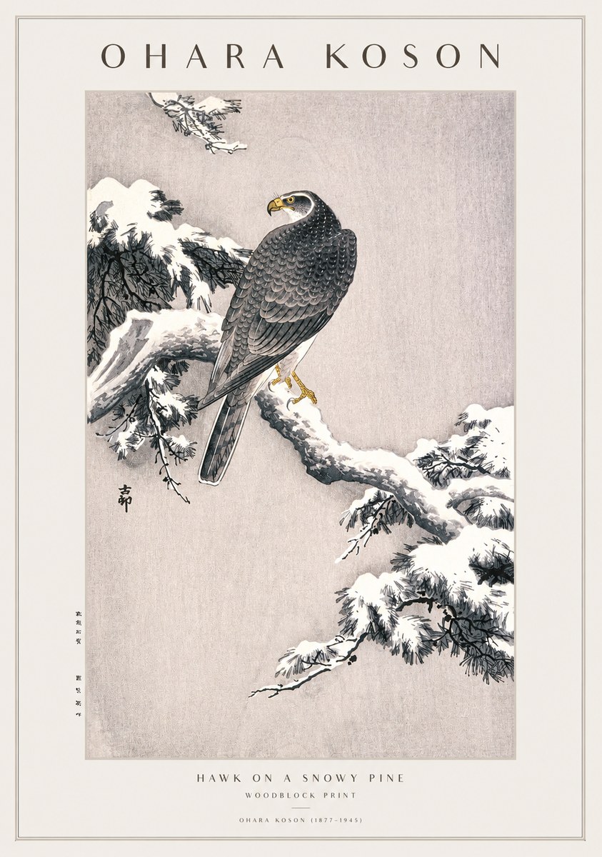 Ohara Koson Hawk on a Snowy Pine No1 - Juliste