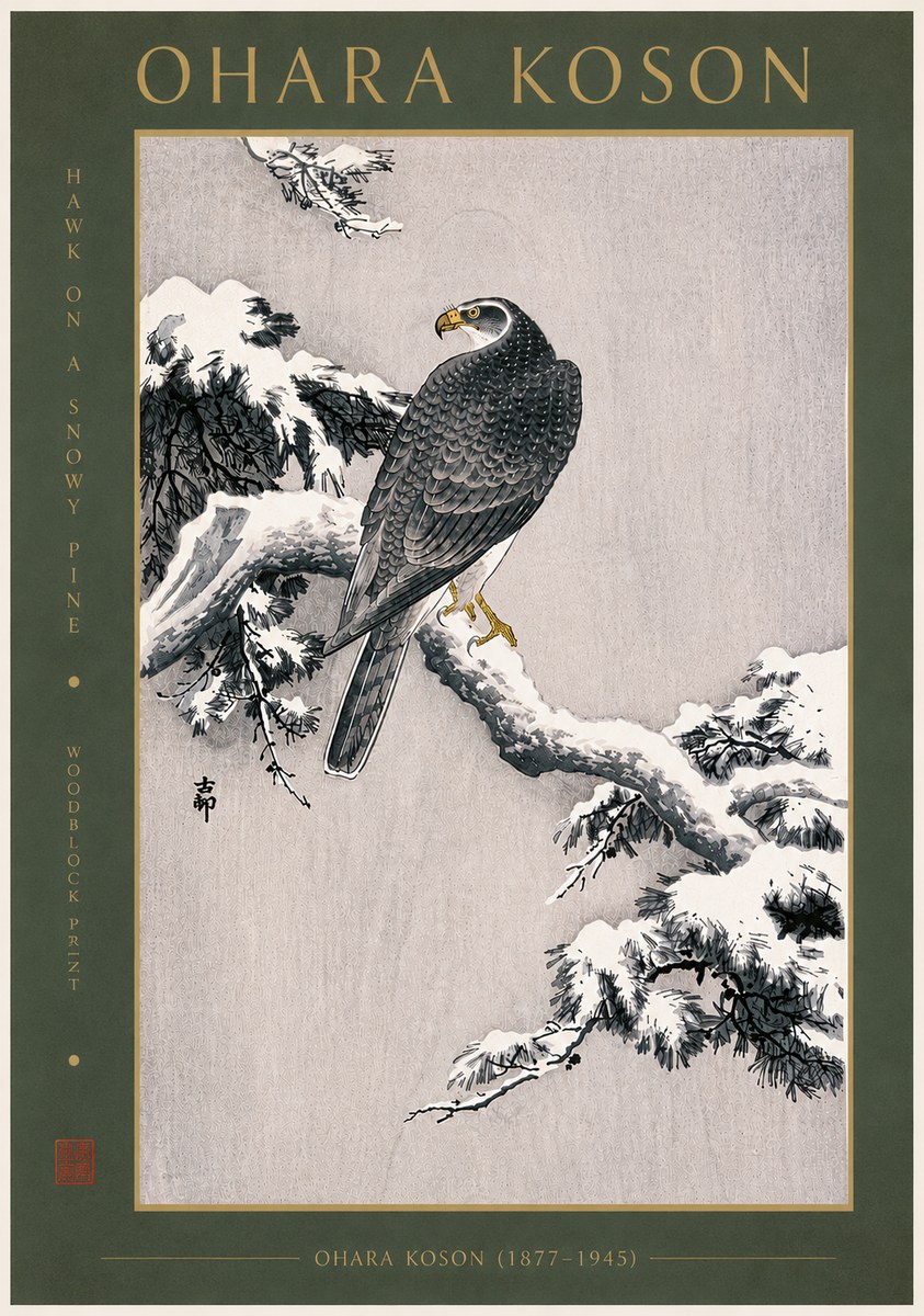 Ohara Koson Hawk on a Snowy Pine No6 - Juliste