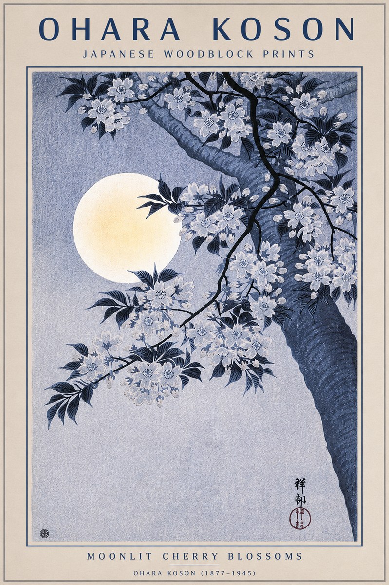 Ohara Koson Moonlit Cherry Blossoms No4 - Juliste