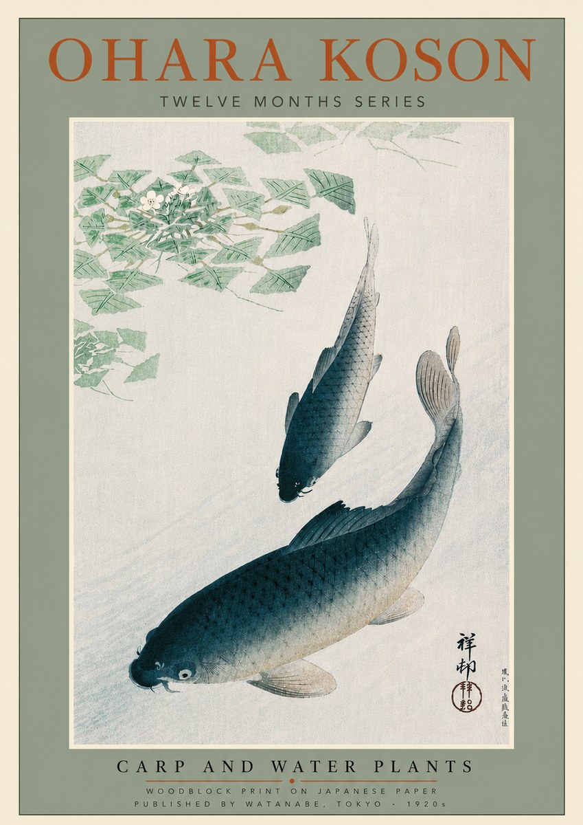 Ohara Koson Carp and Water Plants No5 - Juliste
