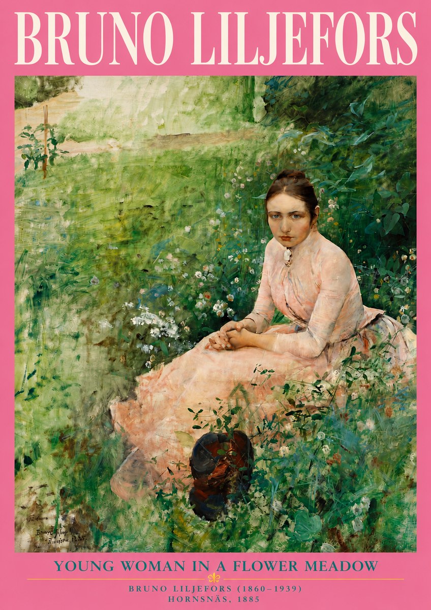 Bruno Liljefors Young Woman in a Flower Meadow No4 - Juliste