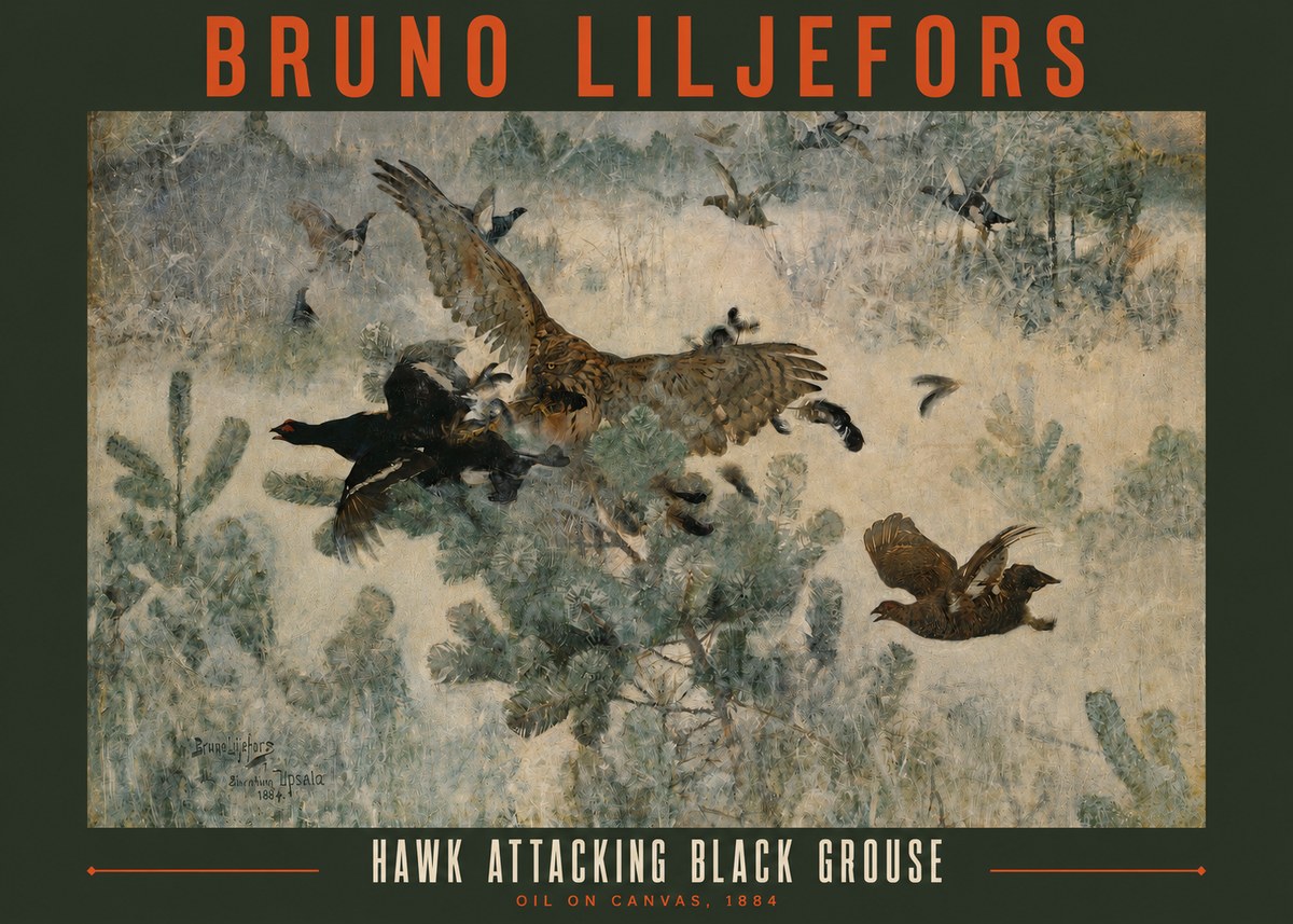 Bruno Liljefors Hawk Attacking Black Grouse No2 - Juliste